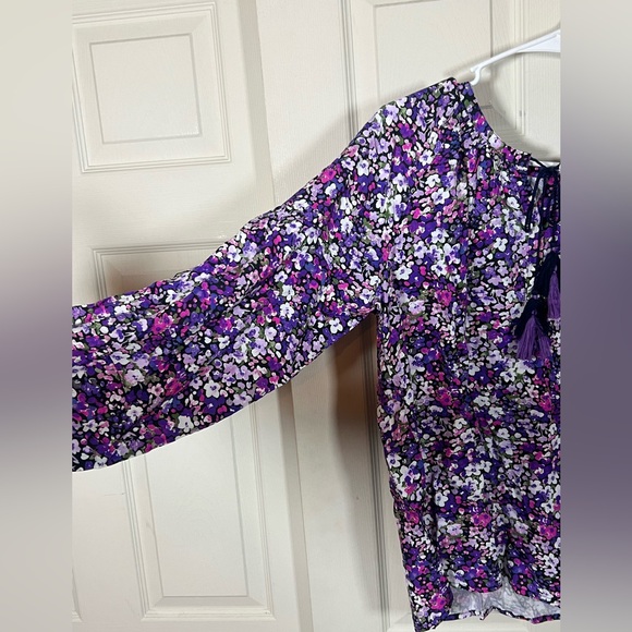 Purple Ditsy Floral Boho Blouse Tassel Tie Neck Flowy Top - Picture 5 of 9